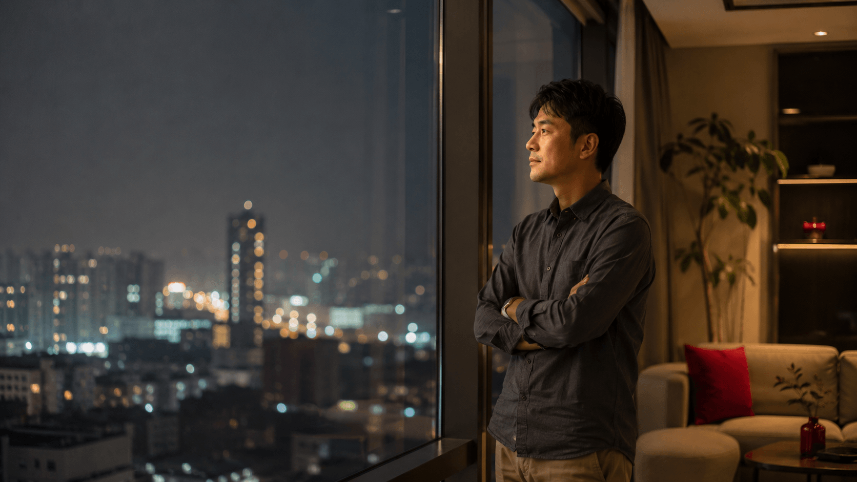 成熟竹科工程師獨自站在竹北高樓窗邊望向城市夜景，象徵高薪卻寂寞的科技人心境