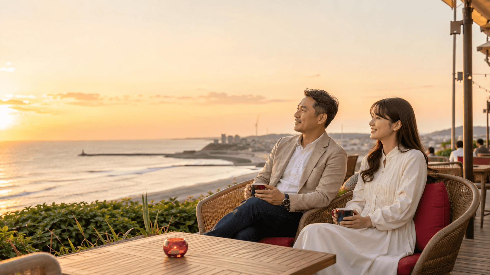 成熟工程師與年輕甜心在新竹南寮十七公里海岸線看夕陽輕鬆交談，象徵新竹包養真實的陪伴故事