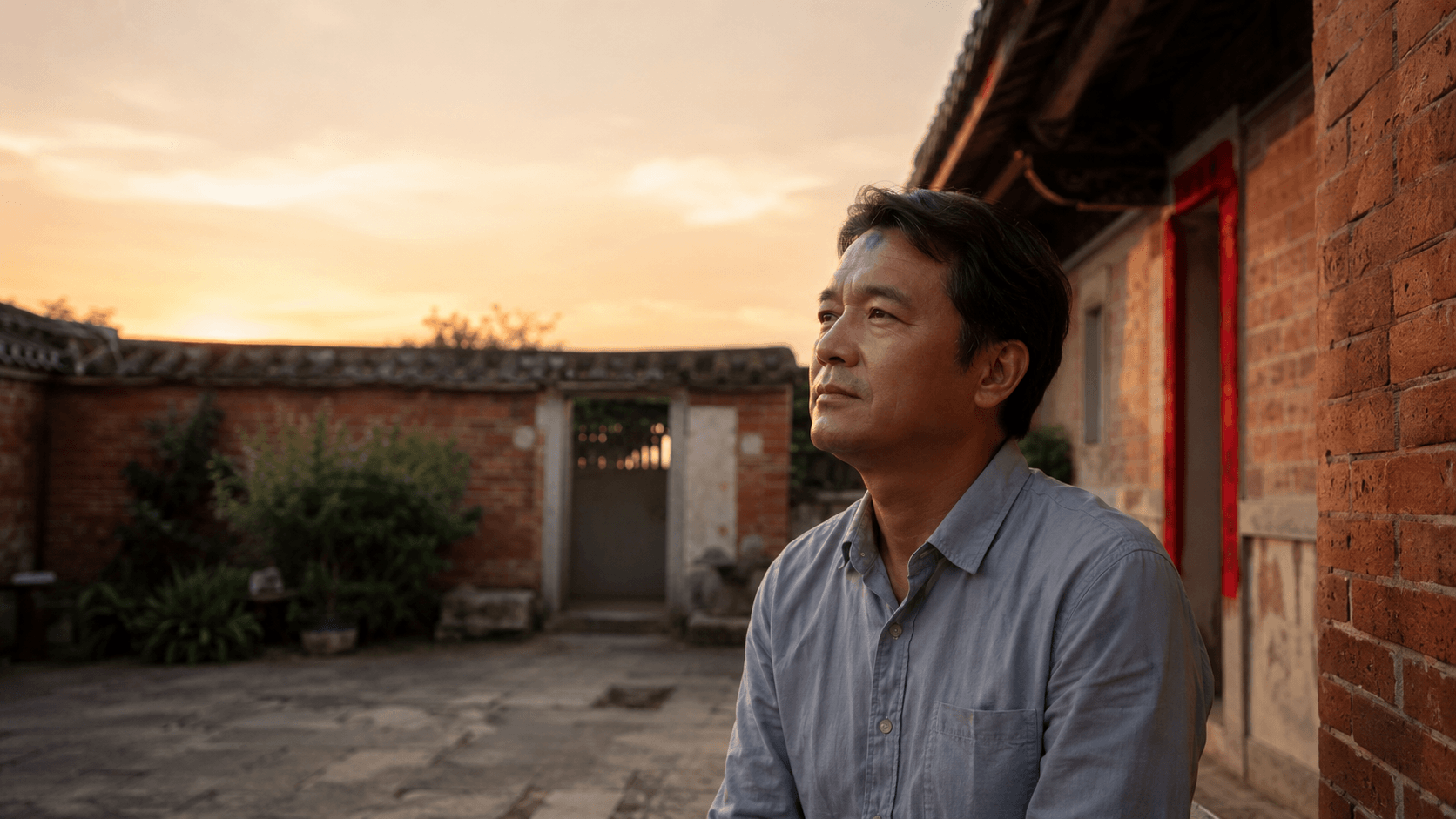 溫厚內斂的中年男子黃昏獨自站在苗栗客家老宅院子望向遠方,象徵被家庭期待綁住的壓抑與孤單