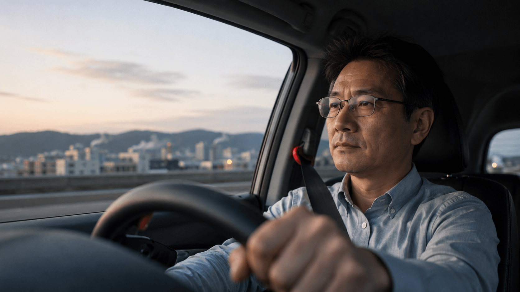 成熟工程師清晨獨自開車從頭份通勤往新竹科學園區,望向前方若有所思,象徵週末夫妻通勤路上的孤單