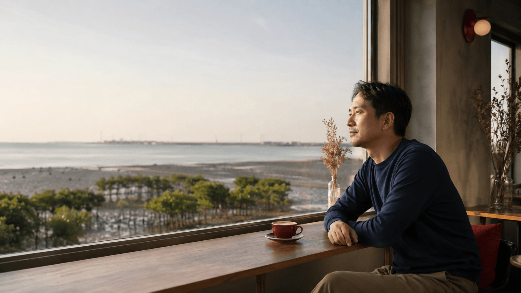內向溫和的工程師午後獨自坐在新豐海邊咖啡廳望向海岸,象徵社恐者在寧靜中等待對的陪伴